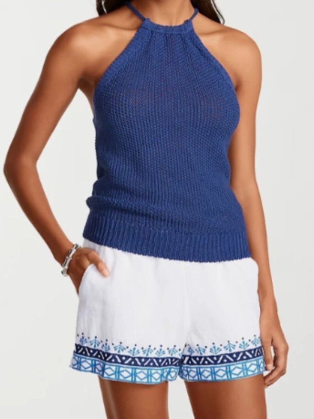 Tommy Bahama New Large Paradise Sun Knit Halter Sweater Tank in Blue Linen Blend